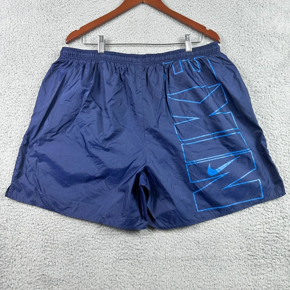 Nike Big Logo Vintage 90s Swim Trunks Mens XXL‎ Navy Blue Mesh Lined Shorts Y2K
